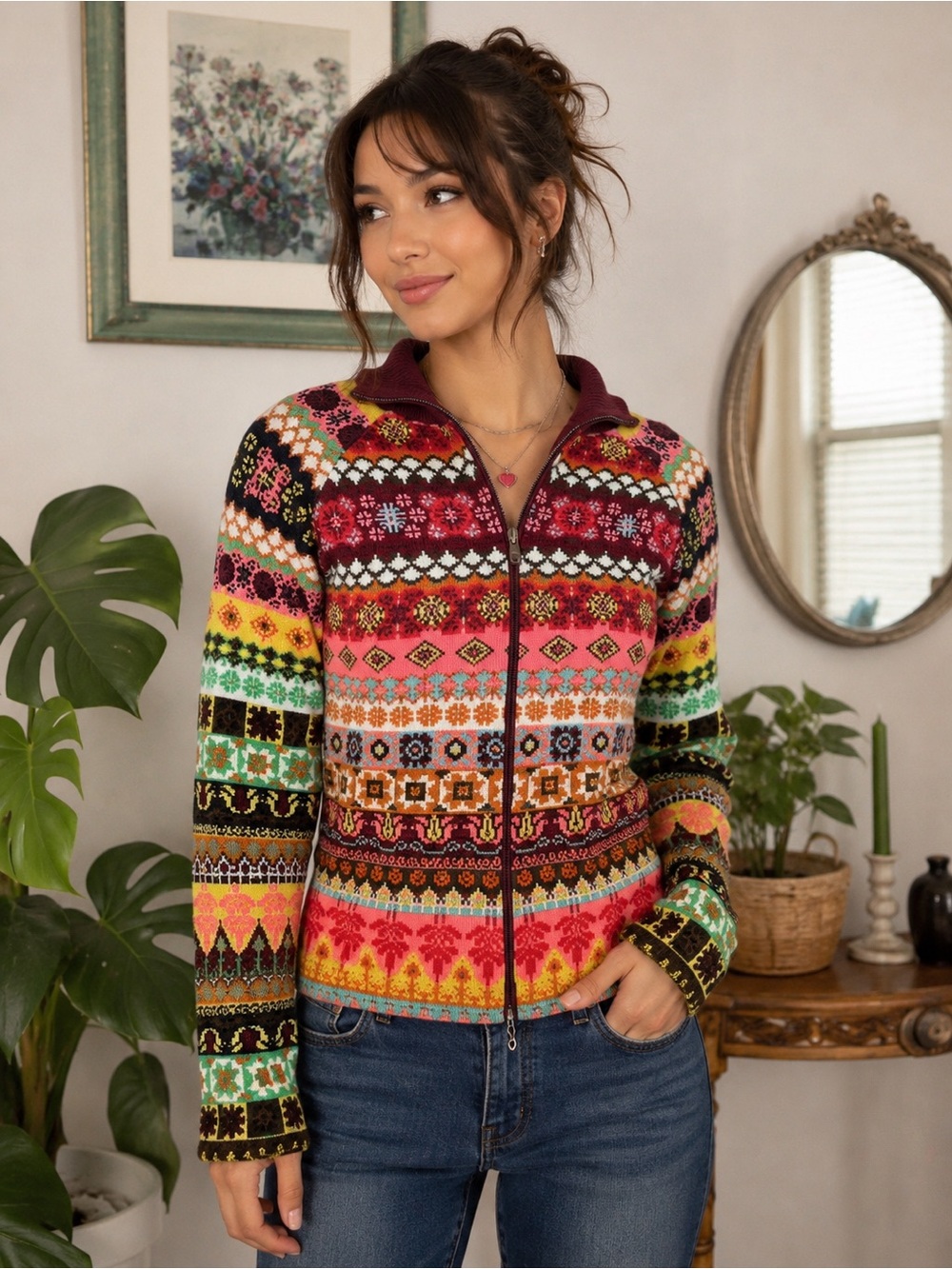 Qilily XL Colorful Fair Isle Zip Up Sweater Cardigan Boho Art Knit Dutch Designe